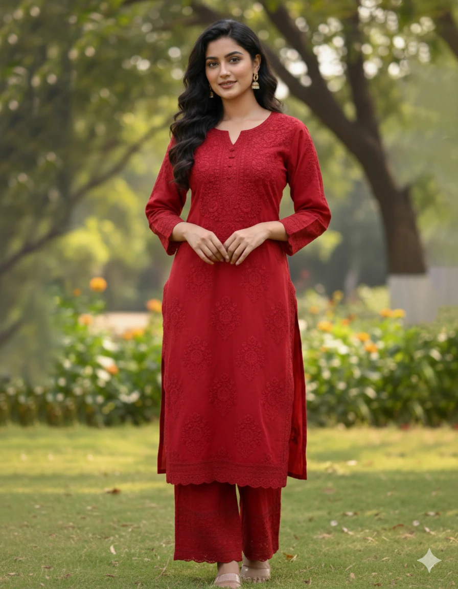 Elegant Red Chikankari Suit